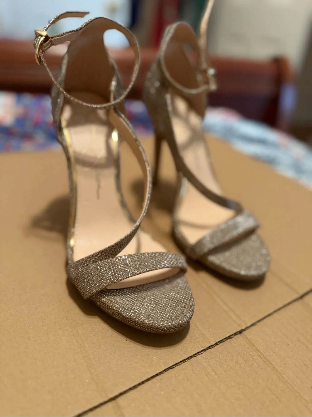 Jessica Simpson Glitter T-Strap Ankle Strap High Heel Sandals - Gold